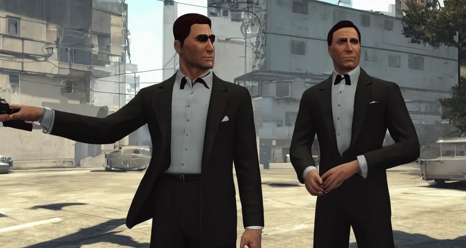 Image similar to Screenshot of a 3d Sterling Archer from the show Archer in the videogame 'Hitman 3' (2021). High-detailed NPC screenshot. Fancy black suit. Luxury environment. Sharpened. 1080p. High-res. Ultra graphical settings.