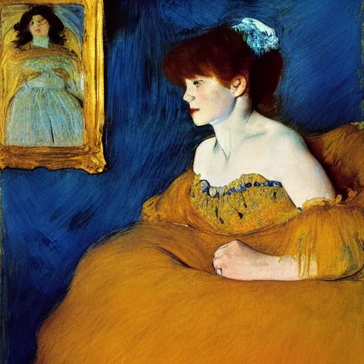 Image similar to palette knife oil painting portrait of a girl in a blue and gold room, film still by goya, by henri de toulouse - lautrec, by klimt, by pontormo, extreme detail, liminal aesthetic, artgerm, deviant art, octane, substance, art history 8 k, art nouveau