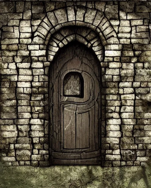 Image similar to ! dream a lovecraftian ghost realm doorway in the center of old stone wall photorealistic vivid