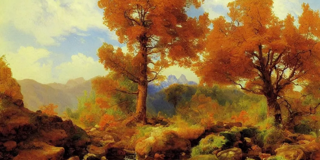 Image similar to lone maple tree growing in grand cayon, thomas moran, oil painting, highly detailed, masterpiece