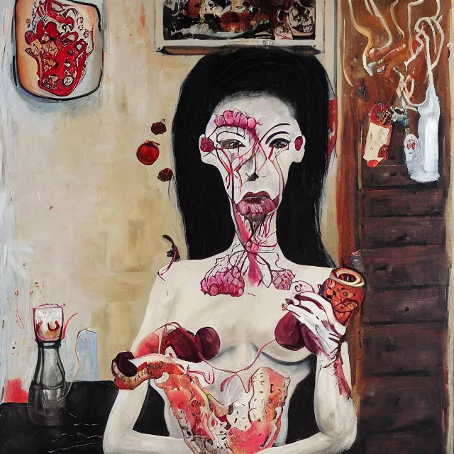 Prompt: a portrait in a female artist's apartment, a woman holding a brain, japanese pottery vase with white flowers, sensual, spilled milk, smokey burnt love letters, candles, feminine, organic, octopus, squashed berries, pizza box, pancakes, black underwear, neo - expressionism, surrealism, acrylic and spray paint and oilstick on canvas