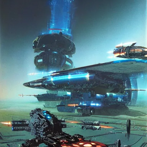 Image similar to war machines from a gate in hell, chris foss, john harris, beeple, wayne barlowe