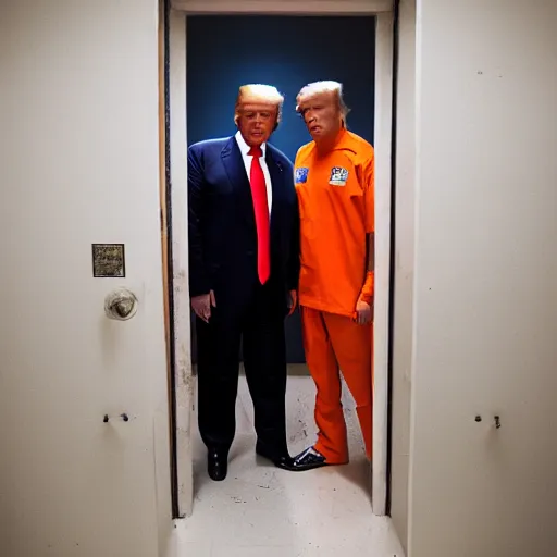 Image similar to donald trump dressed in orange prison uniform in a prison cell on wc, jail bars, framing - medium shot, natural light failing on his face, by terry richardson