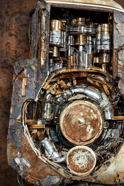 Prompt: A photo of time machine, capacitors and coils inside by Annie Lebovitz and Steve McCurry, grungy, weathered Ultra detailed, hyper realistic, 4k