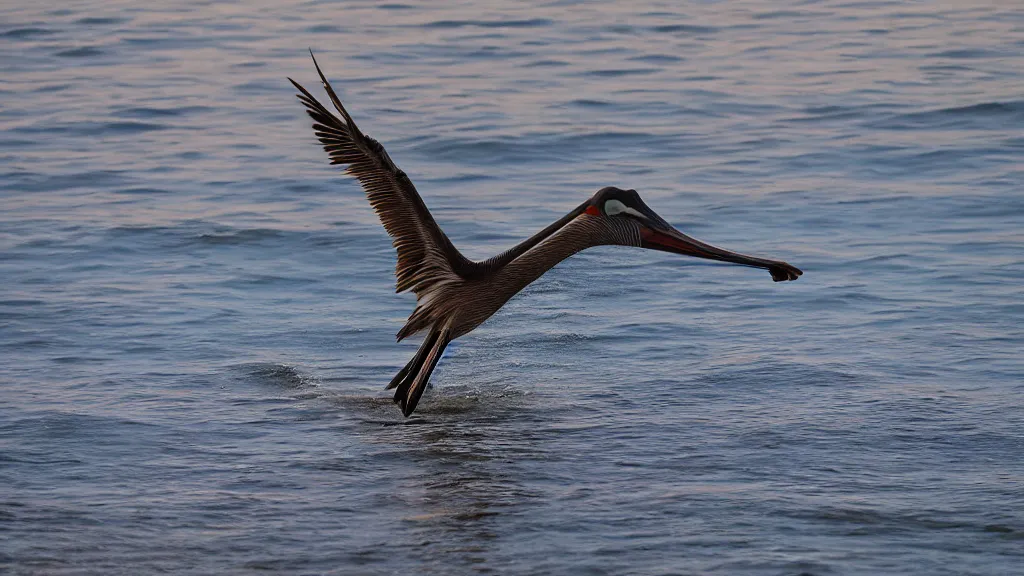 Prompt: wildlife photography, a brown pelican, gliding across the beach front on Stewart beach Galveston at sunset, award winning photography