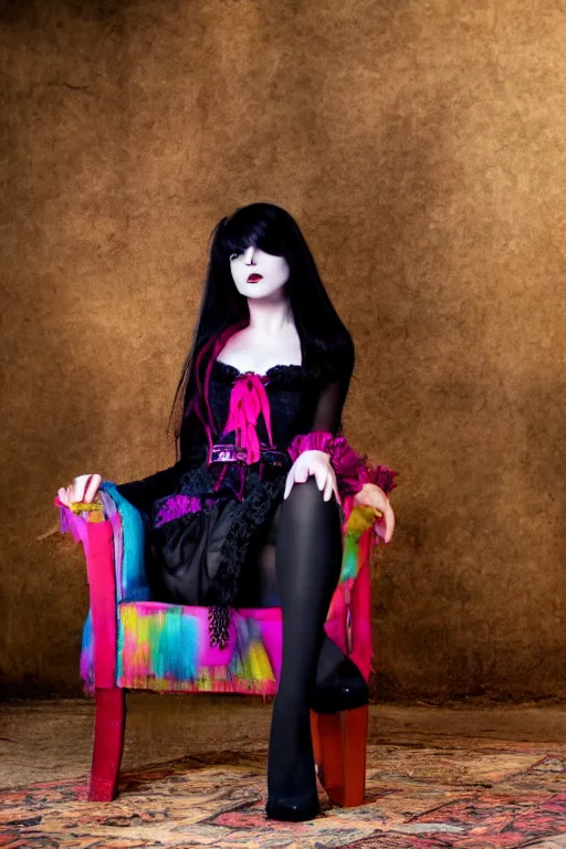 Image similar to full - length photo, young woman, sitting on chair, gothic clothes, 4 k, colourful