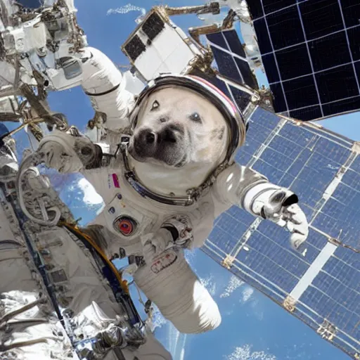 Image similar to astronaut dog repairing the outside of the international space station, photo, detailed, 4k