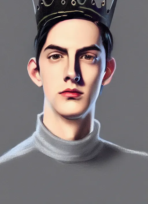 Image similar to portrait of teenage jughead jones wearing a light grey crown, crown, blue turtleneck, 1 9 5 0 s, closed eyes, photorealistic, black hair, glowing lighting, intricate, elegant, glowing lights, highly detailed, digital painting, artstation, concept art, smooth, sharp focus, illustration, art by wlop, mars ravelo and greg rutkowski