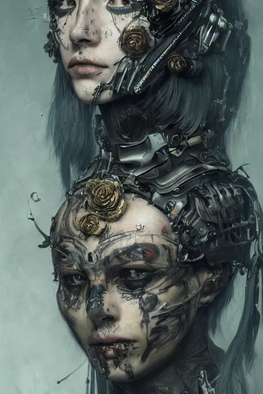 Image similar to portrait of beautiful young gothic man, cyberpunk armor, a lot of scars, more and more flowers, japanese style, warhammer, highly detailed, artstation, illustration, art by gustav klimt