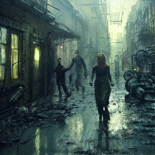 Image similar to sadie sink quickly runs by us | a mechanical monstrosity runs towards us | background : alleyway near decaying tenements. concept art for scifi dystopian film. by nikolay makovsky, bob byerley, wadim kashin, andrea kowch. cinematic moody atmosphere, detailed and intricate, perfect anatomy