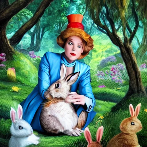 Image similar to alice from wonderland talking to a rabbit while sitting on top of a tree, realistic fantasy art in the style of enid blyton