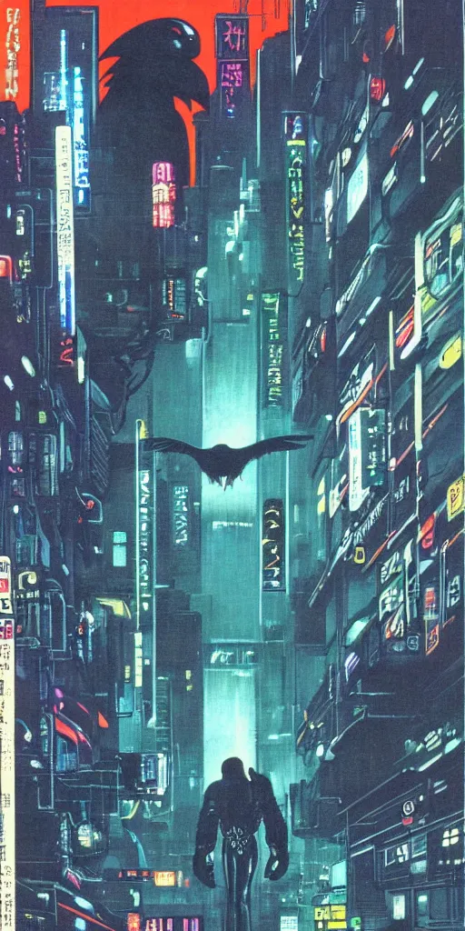 Image similar to 1979 OMNI Magazine Cover of a raven in neo-Tokyo in cyberpunk style by Vincent Di Fate