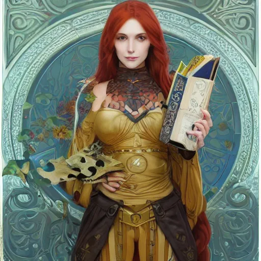 Prompt: Sallya from fire Emblem with skull and books drawn by Donato Giancola and Tom Bagshaw, face by Artgerm, overall design by Alphonse Mucha, background by James Jean and Gustav Klimt, light by Julie Bell, 4k, porcelain skin, komorebi, french nouveau, trending on artstation, octane render, hyperrealistic