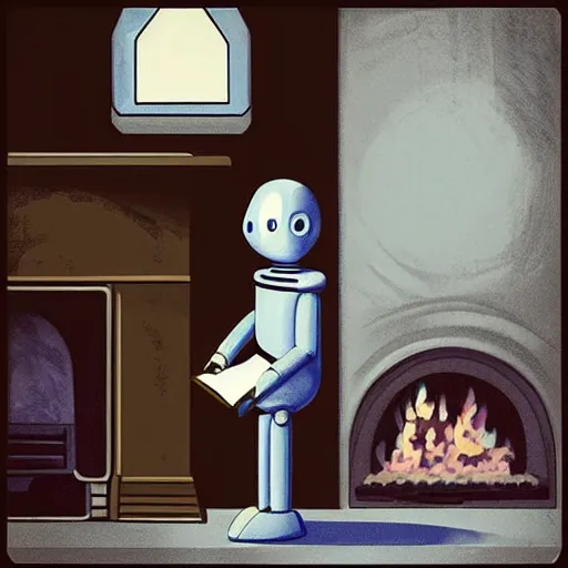 Image similar to “a lonely robot reads a book near a fireplace in a Victorian home.”