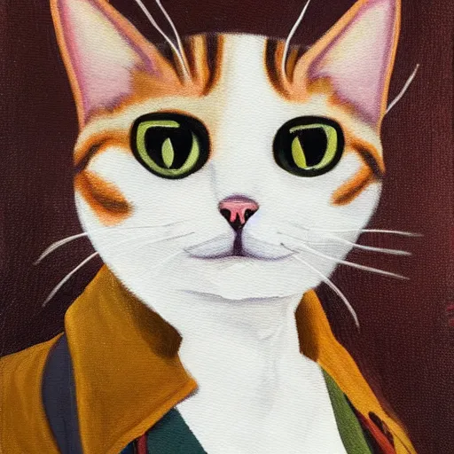 Prompt: cat with a stylish jacket, painting