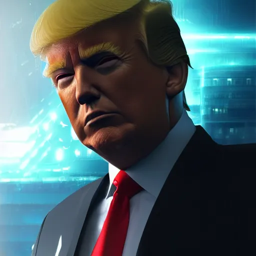 Prompt: donald trump is an android with red eyes, cybernetic, artstation, by greg rutkowski, realistic, 4k, octane render,