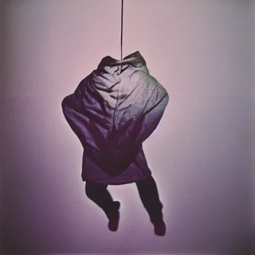 Image similar to shot of an empty hoodie hanging in the air in 80s, Polaroid photo, by Warhol