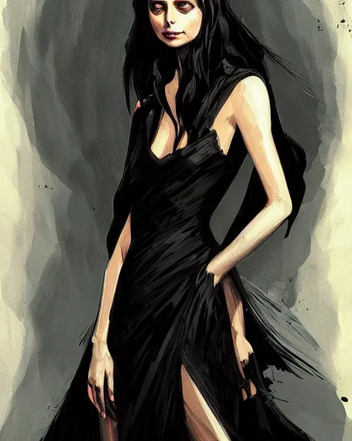 Prompt: style of hubert robert, rafeal albuquerque : : gorgeous willa holland : : evil witch, swirling black magic, black dress : : symmetrical face, symmetrical eyes : : full body pose : : gorgeous black hair : : magic lighting, low spacial lighting : :