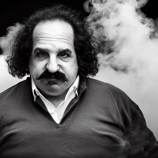 Image similar to Ron Jeremy on top of a roof exhaling smoke, moody, atmospheric