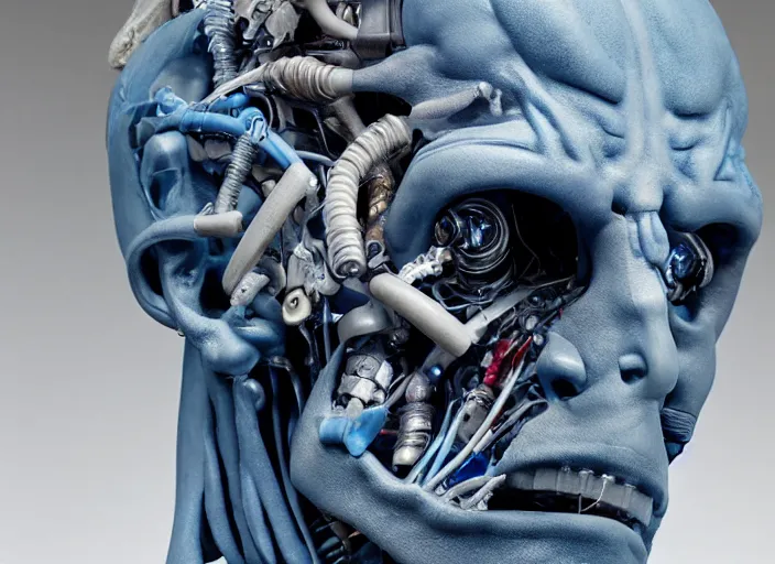 Image similar to a bust sculpture of anatomical detailed cyborg, blue blood ceramic base, studio lighting