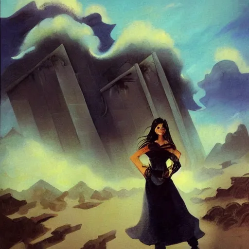 Prompt: A painting of a female wind mage in the desert with storm clouds and a brutalist architecture house in the background by Frazetta