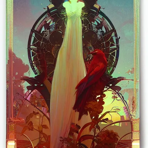 Prompt: the beautiful solarpunk phoenix, aesthetic red bird, volumetric light, bokeh, painting by greg rutkowski by alphonse mucha