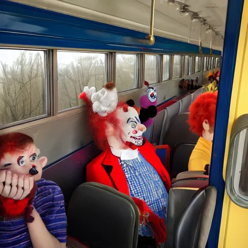 Image similar to a train full of clowns in the windows