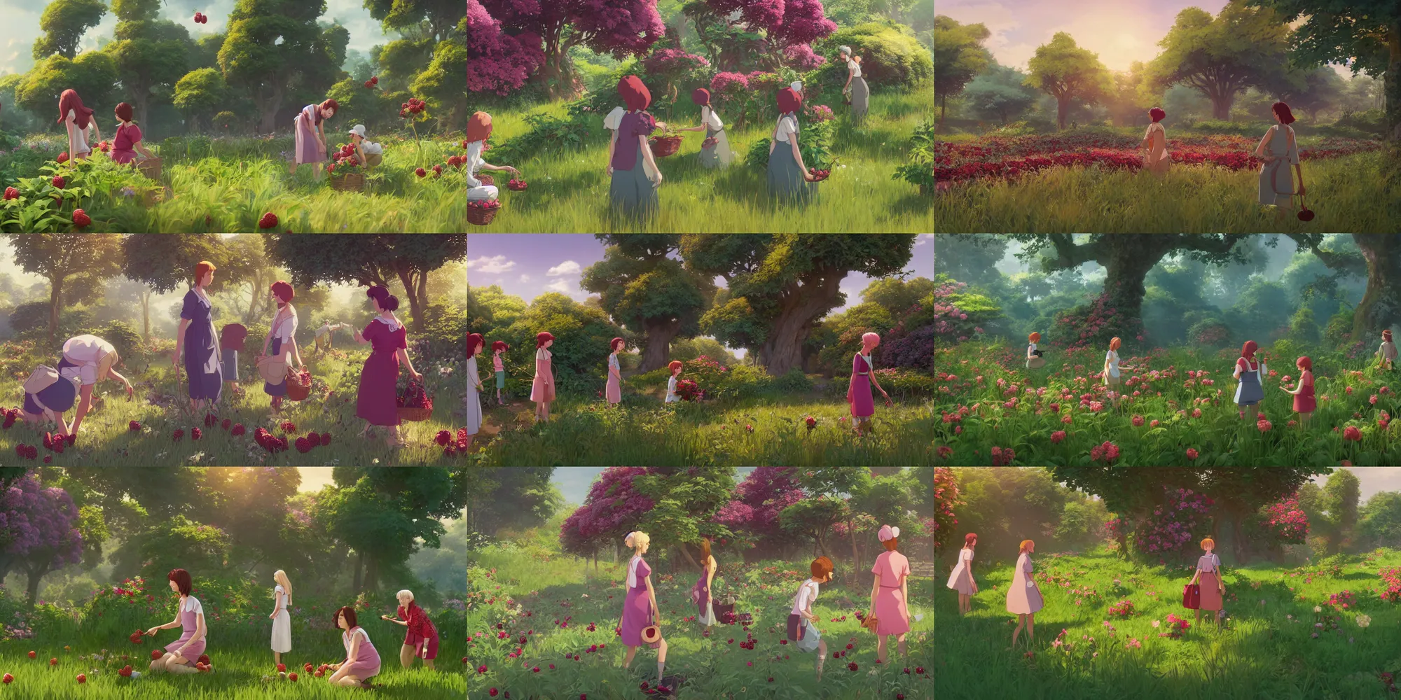 Prompt: women picking raspberries from the bushes in the garden, studio Ghibli, Pixar and Disney animation, sharp, Rendered Unreal Engine 5, film key art, Greg Rutkowski, Bloom, dramatic lighting