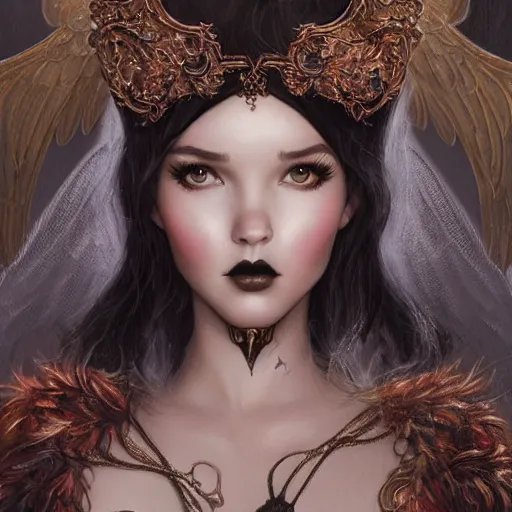 Image similar to tom bagshaw, very beautiful genetic mix of dove cameron madison beer bella poarch in a gorgeous magician armor, ornaments, gothic makeup, professionally retouched, focus eyes, ultra realistic soft painting, insanely detailed linework, partial symmetrical accurate intricate features, behance artstation, 8 k