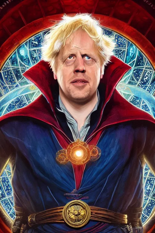 Image similar to Boris Johnson as Doctor Strange, portrait, Sanctum Sanctorum, highly detailed, digital painting, artstation, concept art, smooth, sharp focus, illustration, cinematic lighting, art by artgerm and greg rutkowski and alphonse mucha