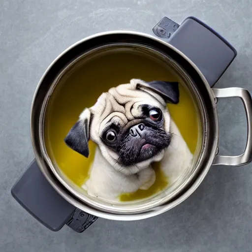Prompt: An adorable pug sitting in a pot of soup on top of a stove, high resolution photograph