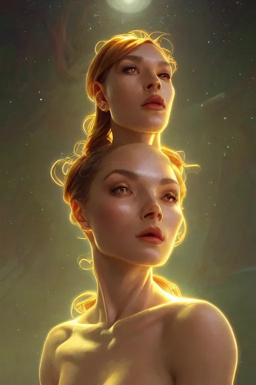 Prompt: clear portrait of a alien attractive women, cottagecore!!, background hyper detailed, character concept, full body, dynamic pose, glowing lights!! intricate, elegant, highly detailed, digital painting, artstation, concept art, smooth, sharp focus, illustration, art by artgerm and greg rutkowski and alphonse mucha