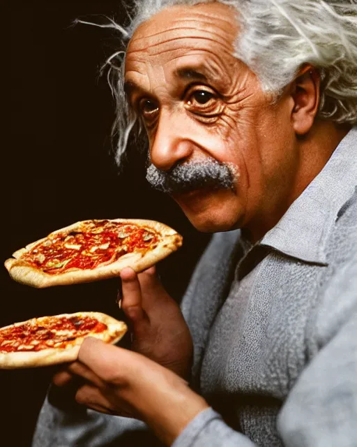 Prompt: A photo of Albert Einstein eating pizza , highly detailed, trending on artstation, bokeh, 90mm, f/1.4