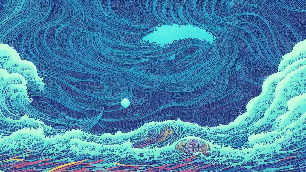 Image similar to highly detailed and colorful illustration of high exposure ocean waves at night by makoto shinkai, by moebius, by aaron horkey, by nico delort, by dan mumford, by otomo, kodachrome, 4 k resolution