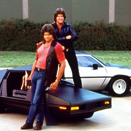 Image similar to a photo taken on the set of the tv show knight rider in 1 9 8 2, showing kitt the car from the series with michael knight posing in front