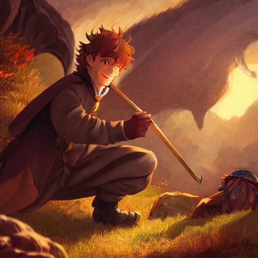Image similar to bilbo baggins stealing gold from the dragon smaug, highly detailed, digital painting, concept art, sharp focus, by makoto shinkai