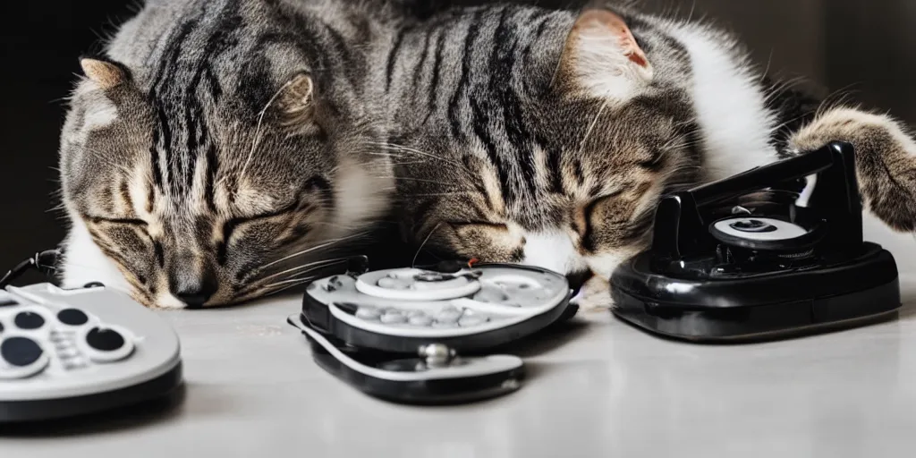 Image similar to photo of a cat laughing wide and hilariously into an old rotary phone that it is holding with its paw to its face. interior home office, at computer deist and keyboard and monitor, tec - supportt, it help, frustration, spilling coffee everywhere