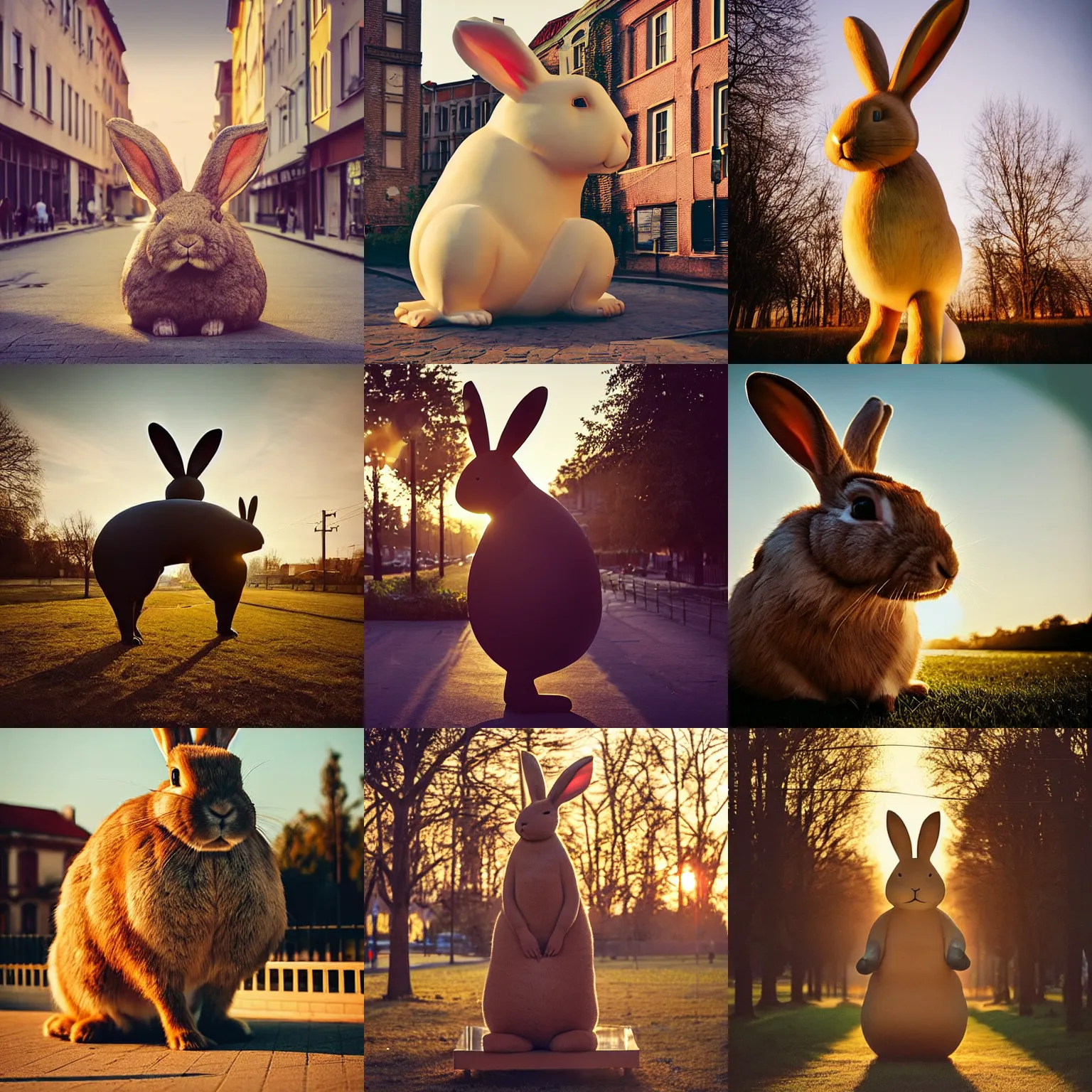 Prompt: real rabbit!!! giant oversized real rabbit, in legnica, full body, cinematic focus, polaroid photo, vintage, backlighting sunset golden hour, by oleg oprisco, by thomas peschak, by discovery channel, by victor enrich, by gregory crewdson