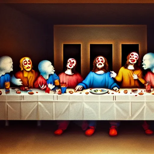 Prompt: last Supper of clowns, high quality, hyperdetalied,artstation,8K,