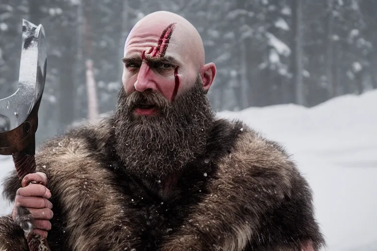 Image similar to vfx movie tough bald man in furs, natural grizzled skin, streaks of red face paint grey beard, dual wielding detailed viking war axes, in snowy tahoe, god of war by emmanuel lubezki