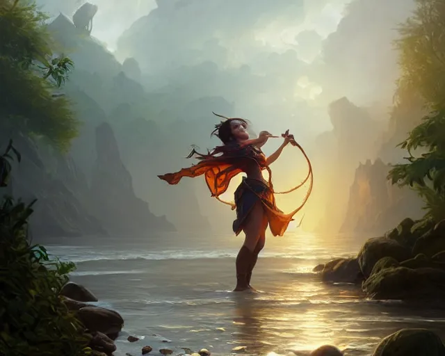 Prompt: skipping stones, deep focus, d & d, fantasy, intricate, elegant, highly detailed, digital painting, artstation, concept art, matte, sharp focus, illustration, hearthstone, art by artgerm and greg rutkowski and alphonse mucha