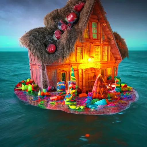 Image similar to a witches house made out of candy on the ocean, epic scene, fantasy, redshift render, cgi, hyper - detailed, photo - bash, 8 k post - production, masterpiece