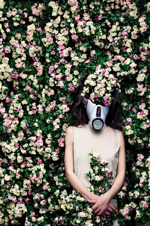 Image similar to a surreal portrait of a woman wearing gas mask melting into a wall of flowers in the style of brooke didonato, editorial fashion photography from vogue magazine, full shot, nikon d 8 1 0, ƒ / 2. 5, focal length : 8 5. 0 mm, exposure time : 1 / 8 0 0, iso : 2 0 0