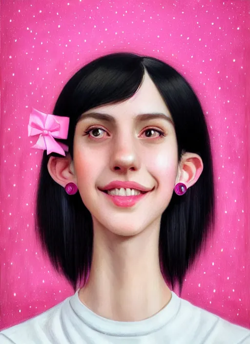 Image similar to portrait of high school girl, realistic, black hair, bangs, half updo hairstyle, pointy nose, skinny, smile, ugly, defined jawline, big chin, pink hair bow, earrings, intricate, elegant, glowing lights, highly detailed, digital painting, artstation, sharp focus, illustration, art by wlop, mars ravelo and greg rutkowski