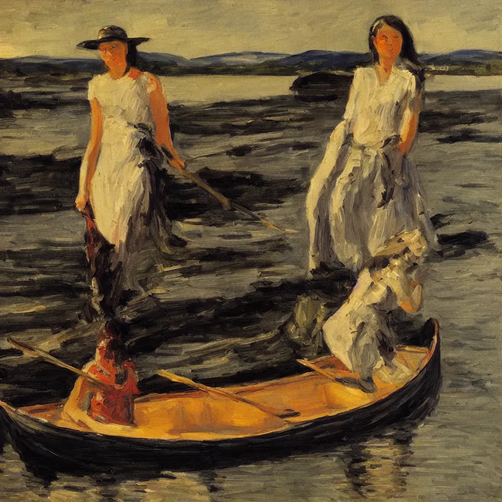 Image similar to beautiful woman standing in canoe on the hudson river, oil painting, style of george bellows