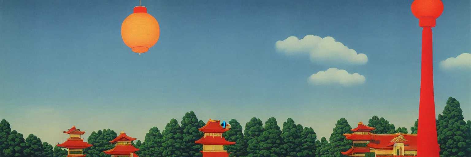 Image similar to japanese lantern and pagoda painting magritte