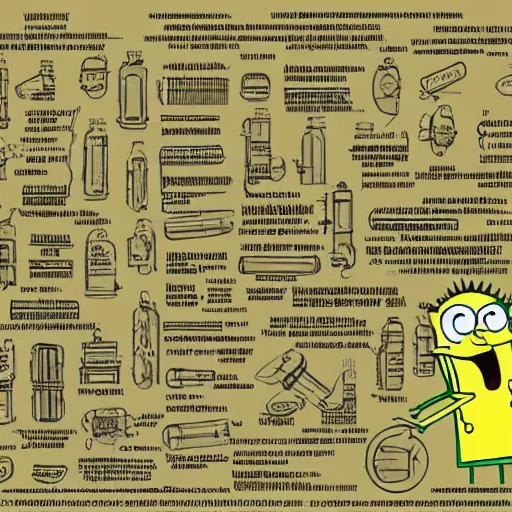 Image similar to medical diagram of spongebob hyper realistic details, part list, diagram, blueprint, manuscript, detailed line art