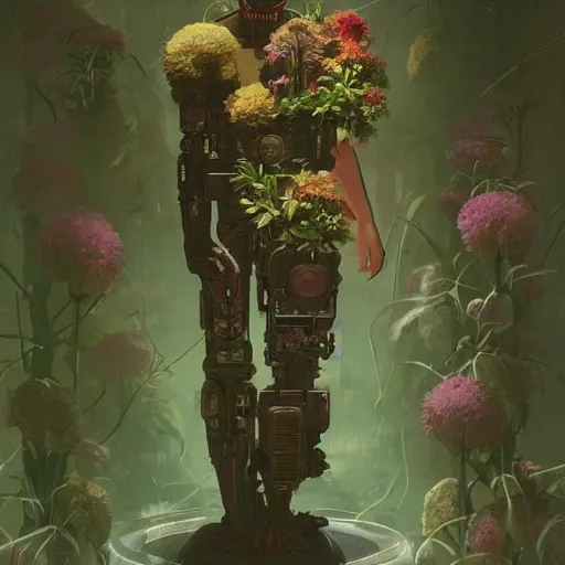 Prompt: a cyborg in some plants with flowers for a face by satoshi kon and greg rutkowski, 7 0's vintage sci - fi flat surreal design