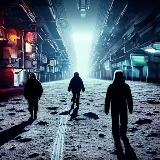 Prompt: photo of citizens that walk past plasma vehicles, on the Moon, long shadows, in a Russian cyberpunk city called Neo Norilsk on the Moon, pitch black sky with stunning bright stars, bright sun, diverse outfits, lively, freaky, black sky full of stars, blinding bright sun, sci-fi, lots of flying cars, levitation, cyberpunk outfits, photorealistic, grainy, 35mm, intricate, very very beautiful, elegant, smooth, cinematic, Unreal Engine 5, by Beeple, trending on Artstation HD