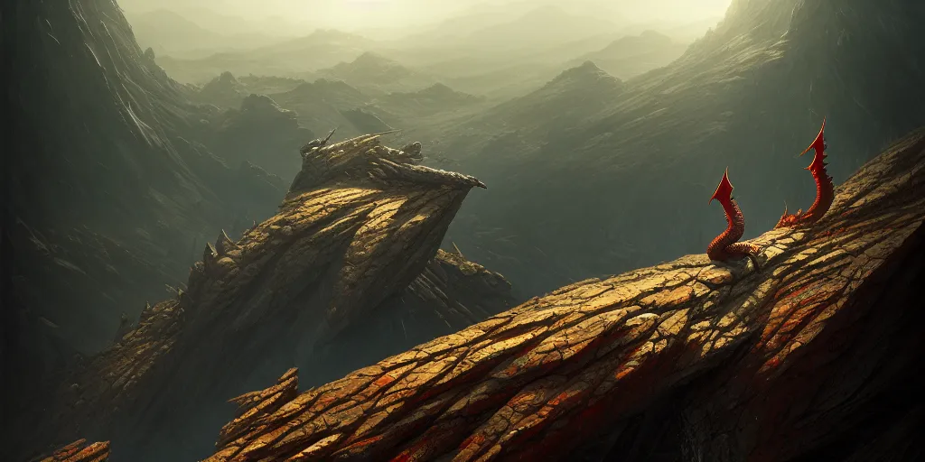 Image similar to red dragon standing on summit of a mountain, forest and valley below, ultra high definition, ultra detailed, symmetry, god rays, sci - fi, dark fantasy, by greg rutkowski